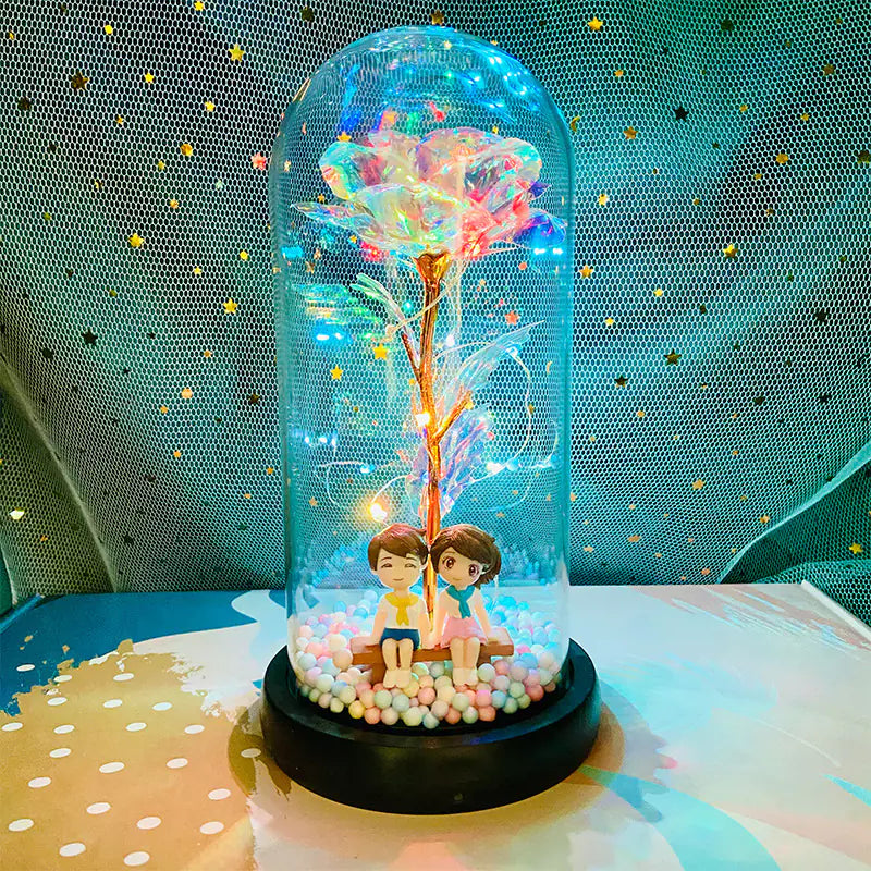 LED Glass Dome Faux Gold Foil Rose Eternal Flower