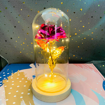 LED Glass Dome Faux Gold Foil Rose Eternal Flower