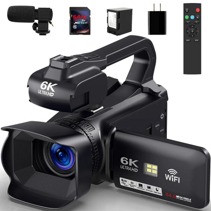 6K Camcorder Video Camera 64MP IR Night Vision Vlogging Camera for YouTube 18X Digital Zoom 4.0 Inch Touch Screen Video Camera with WiFi Microphone Stabilizer Remote Control 64GB SD Card