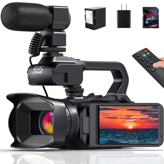 MERVNE 6K Video Camera Camcorder 64MP 18X Digital Zoom IR Night Version Vlogging Camera for YouTube HD WiFi Video Camera with 4500mAh Battery SD Card Stabilizer Mic Remote Control and Charger