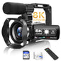 Video Camera 8K Camcorder 48MP 15FPS UHD WiFi Vlogging Camera with IR Night Vision for YouTube 3" Touch Screen 18X Digital Zoom with Fill Light Mic Stabilizer Lens Hood Remote and 2 Batteries