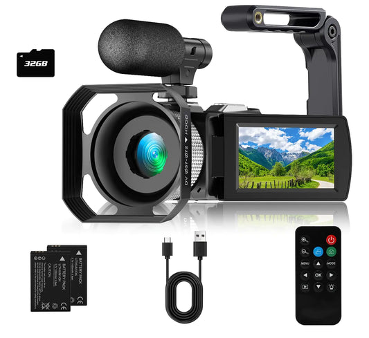 Hojocojo 4K Video Camera Camcorder Video Recorder 4K 60fps/48MP Photo/3" Large Flip-Screen/External Microphone/Lens Hood/2 Batteries/SD Card/Camera Bag