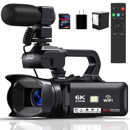 6K Camcorder Video Camera 64MP IR Night Vision Vlogging Camera for YouTube 18X Digital Zoom 4.0 Inch Touch Screen Video Camcorder with WiFi Microphone Stabilizer Remote Control 64GB SD Card