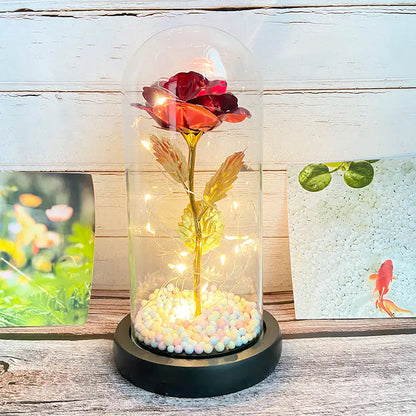LED Glass Dome Faux Gold Foil Rose Eternal Flower