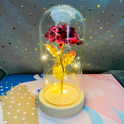 LED Glass Dome Faux Gold Foil Rose Eternal Flower