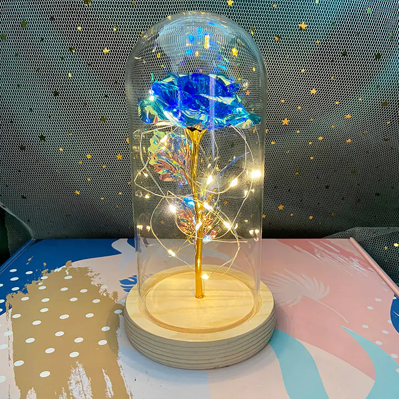 LED Glass Dome Faux Gold Foil Rose Eternal Flower