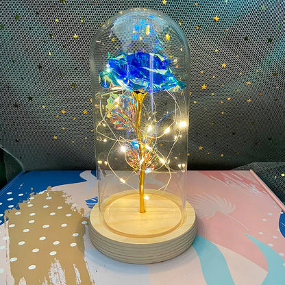LED Glass Dome Faux Gold Foil Rose Eternal Flower