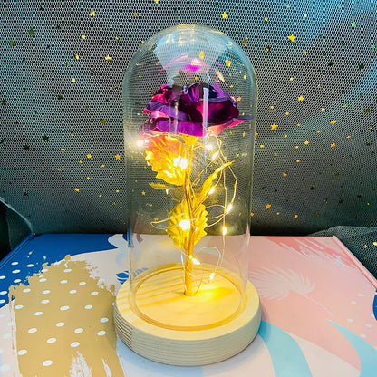 LED Glass Dome Faux Gold Foil Rose Eternal Flower