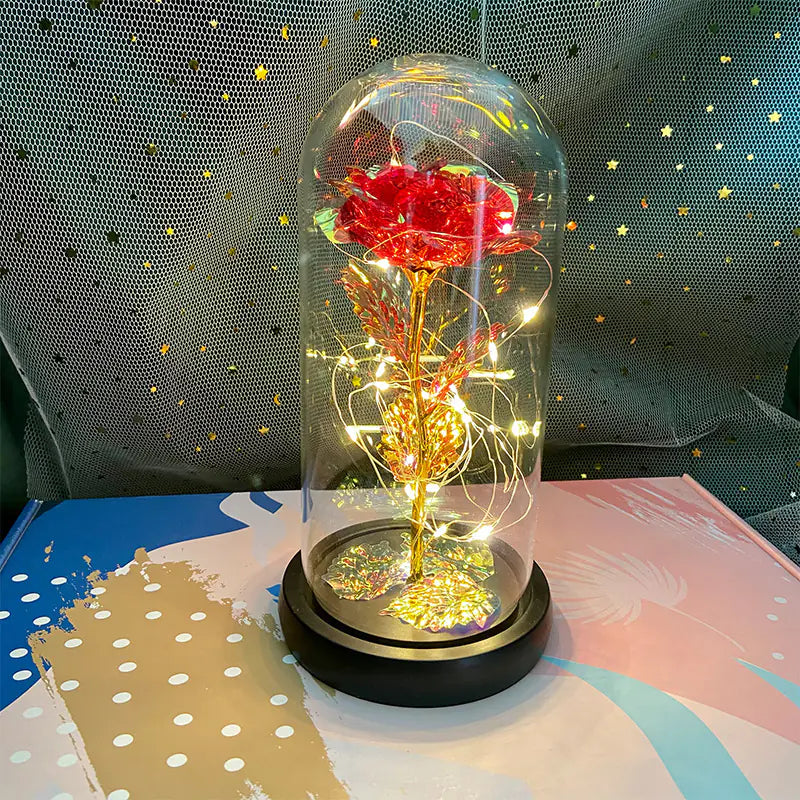 LED Glass Dome Faux Gold Foil Rose Eternal Flower
