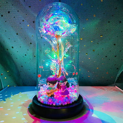 LED Glass Dome Faux Gold Foil Rose Eternal Flower