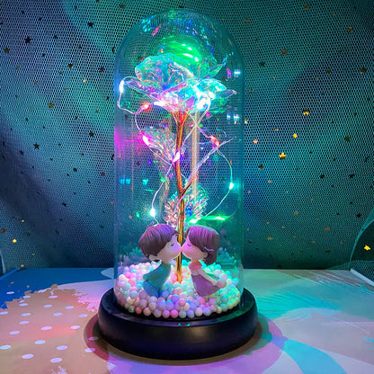 LED Glass Dome Faux Gold Foil Rose Eternal Flower