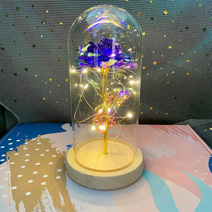 LED Glass Dome Faux Gold Foil Rose Eternal Flower