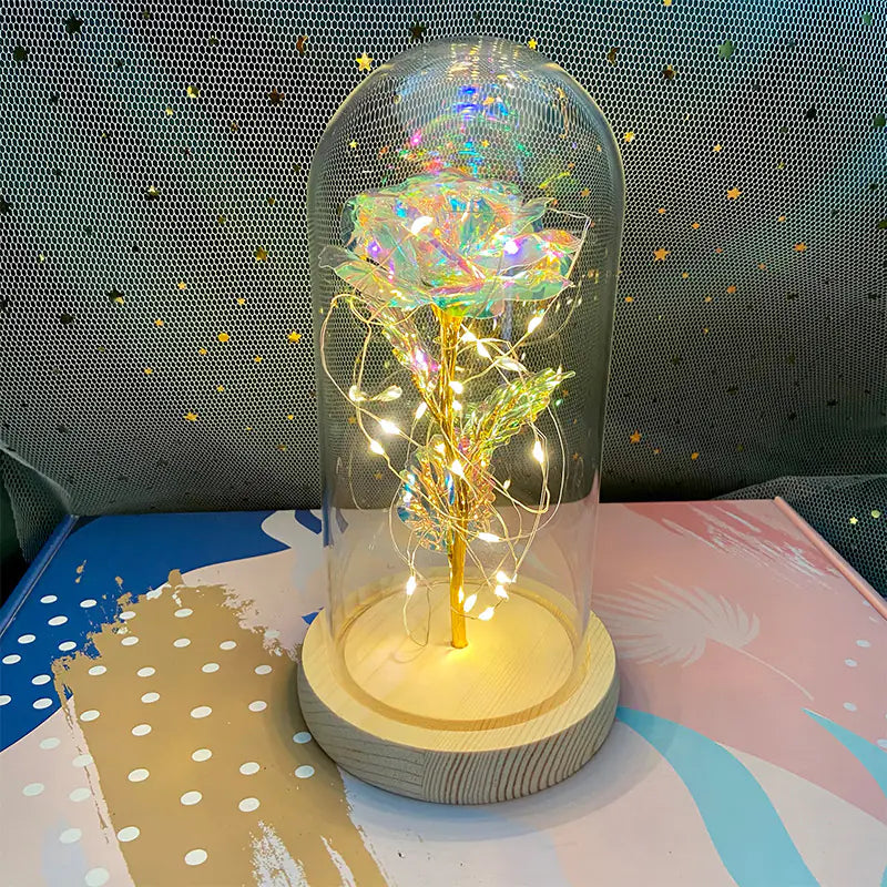 LED Glass Dome Faux Gold Foil Rose Eternal Flower